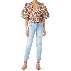 RHODE Elodie Top Floral Ruffle Cotton Cropped Blouse Puff Sleeve Tuckernuck